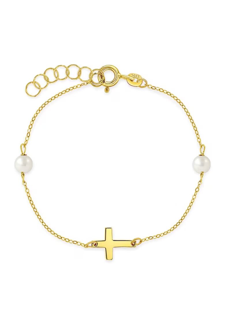 Bebe Gold Bratara din Aur 14K pentru Copii – model Cruce cu Perle Naturale - reglabila 13–15 cm