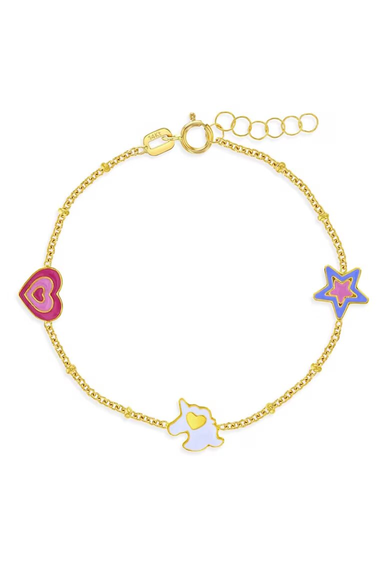 Bebe Gold Bratara din Aur 14K pentru Copii – model Unicorn - Inima si Stea din Email Colorat - reglabila 13–15 cm