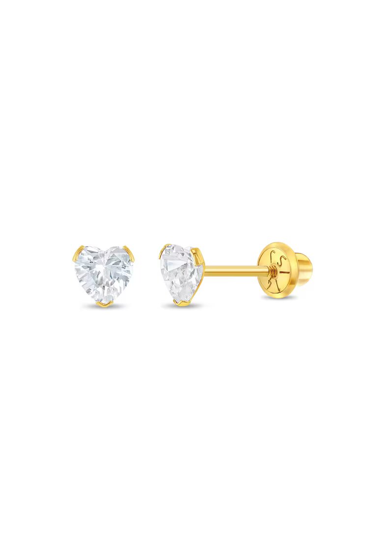 Bebe Gold Cercei Aur 14K Copii - model Birthstone (zi nastere aprilie) - forma Inima cu Piatra CZ White - inchidere cu Filet si Protectie