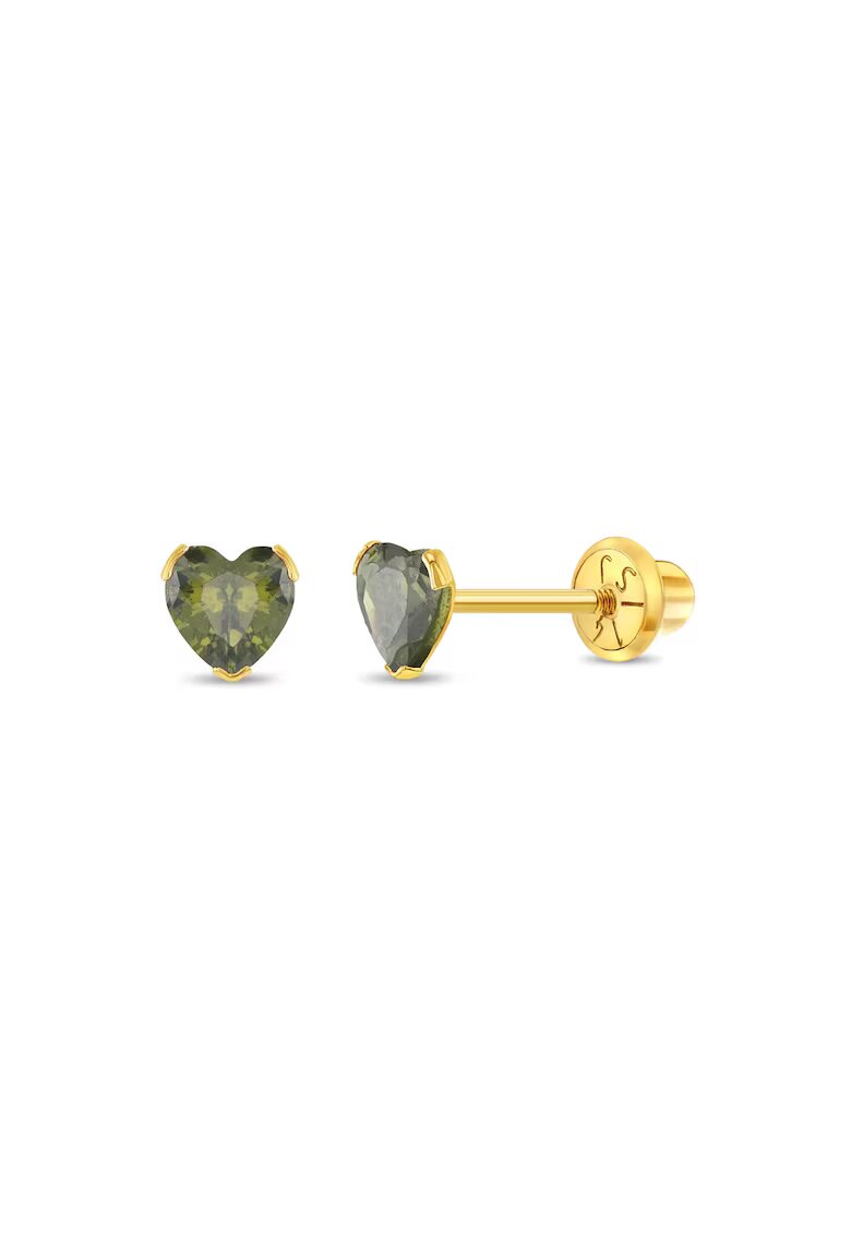 Bebe Gold Cercei Aur 14K Copii - model Birthstone (zi nastere august) - forma Inima cu Piatra CZ Light Green - inchidere cu Filet si Protectie