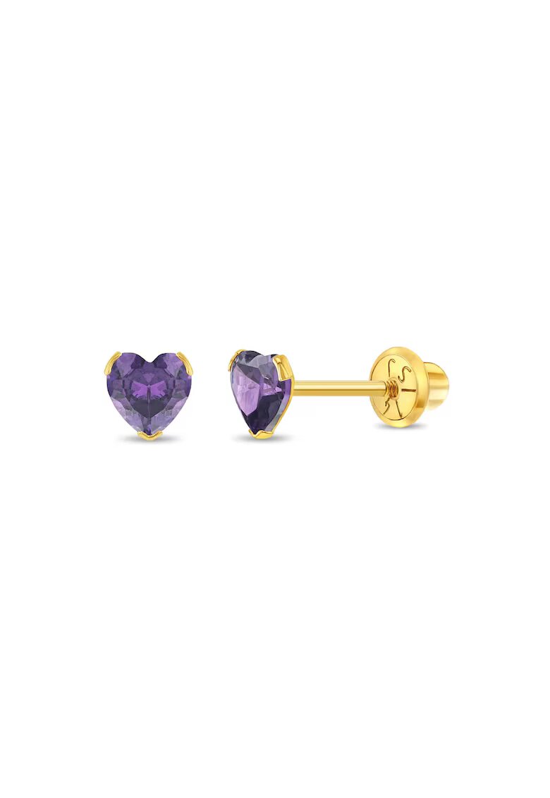 Bebe Gold Cercei Aur 14K Copii - model Birthstone (zi nastere februarie) - forma Inima cu Piatra CZ Purple - inchidere cu Filet si Protectie