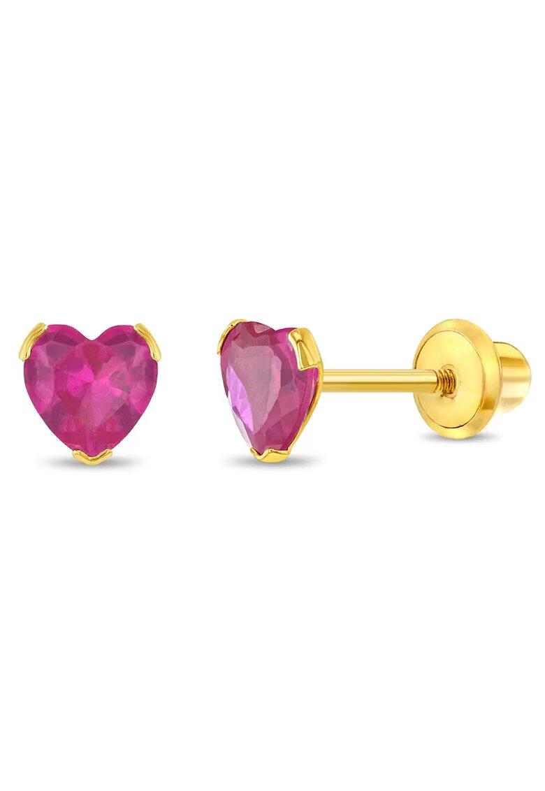 Bebe Gold Cercei Aur 14K Copii - model Birthstone (zi nastere iulie) - forma Inima cu Piatra CZ Light Red - inchidere cu Filet si Protectie