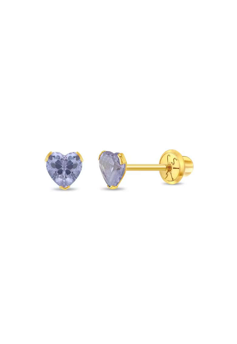 Bebe Gold Cercei Aur 14K Copii - model Birthstone (zi nastere iunie) - forma Inima cu Piatra CZ Periwinkle - inchidere cu Filet si Protectie