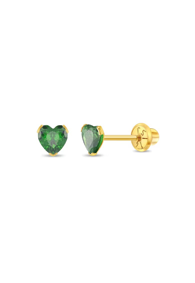Bebe Gold Cercei Aur 14K Copii - model Birthstone (zi nastere mai) - forma Inima cu Piatra CZ Green - inchidere cu Filet si Protectie
