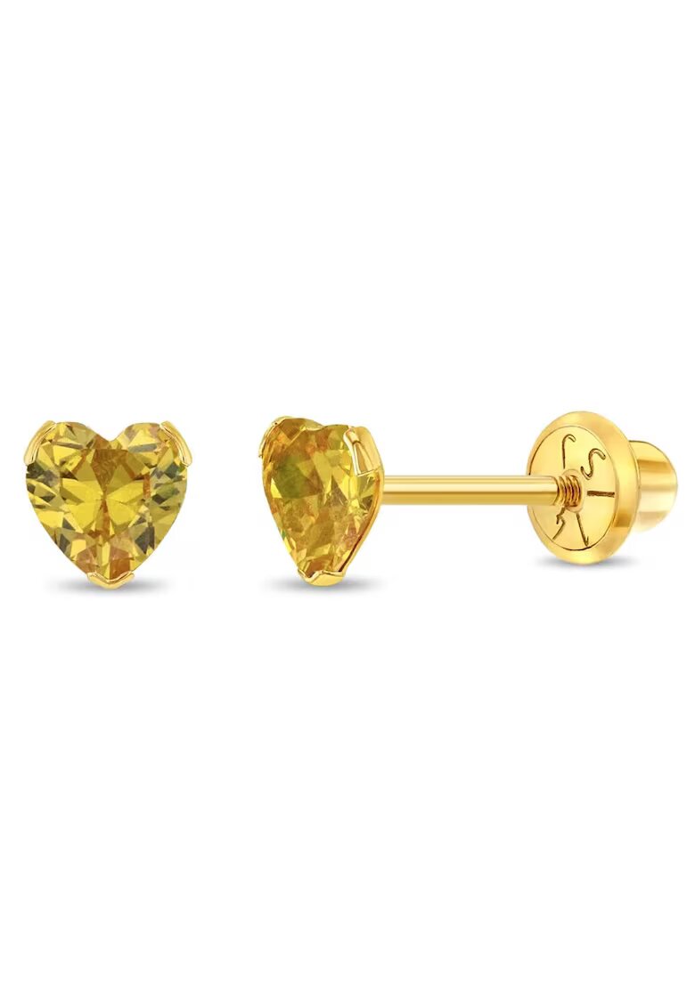 Bebe Gold Cercei Aur 14K Copii - model Birthstone (zi nastere noiembrie) - forma Inima cu Piatra CZ Yellow - inchidere cu Filet si Protectie