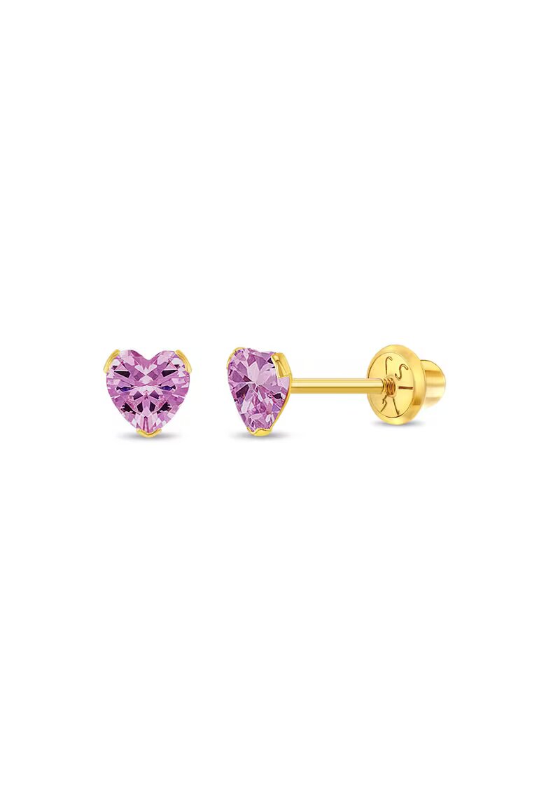 Bebe Gold Cercei Aur 14K Copii - model Birthstone (zi nastere octombrie) - forma Inima cu Piatra CZ Pink - inchidere cu Filet si Protectie