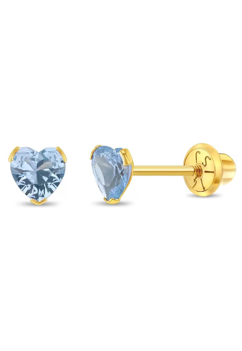 Bebe Gold Cercei Copii din Aur 14K - model Birthstone (zi nastere decembrie) - forma Inima cu Piatra CZ Turquoise - inchidere cu Filet si Protectie