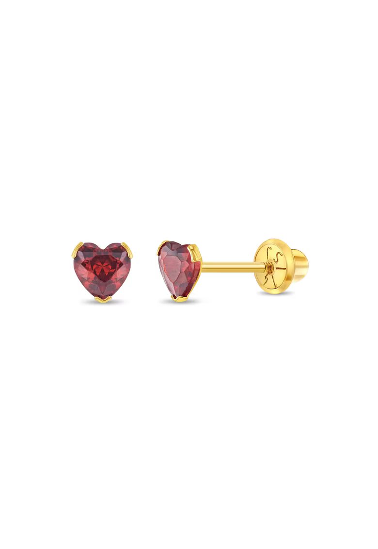 Bebe Gold Cercei Copii din Aur 14K - model Birthstone (zi nastere ianuarie) - forma Inima cu Piatra CZ Red - inchidere cu Filet si Protectie