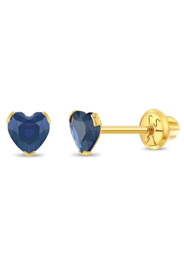 Bebe Gold Cercei Copii din Aur 14K - model Birthstone (zi nastere septembrie) - forma Inima cu Piatra CZ Blue - inchidere cu Filet si Protectie