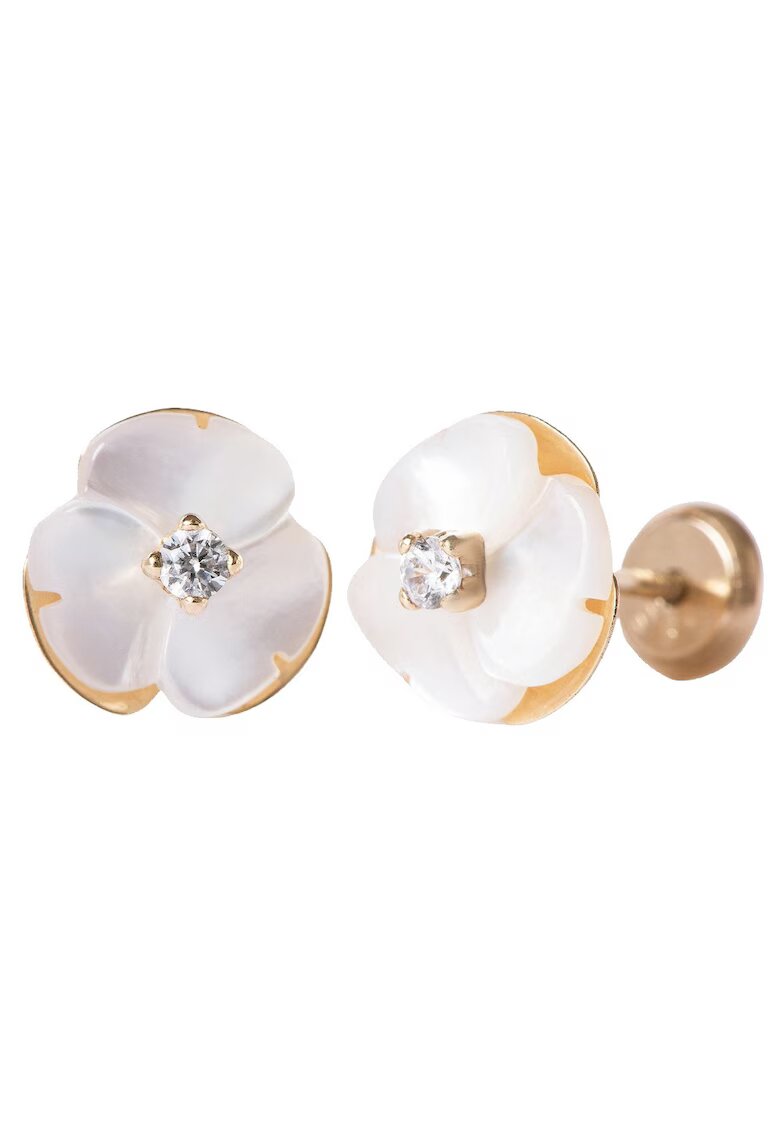 Bebe Gold Cercei Copii din Aur 14K - model Floare Sidef Perla si piatra CZ alba - inchidere cu Filet si Protectie