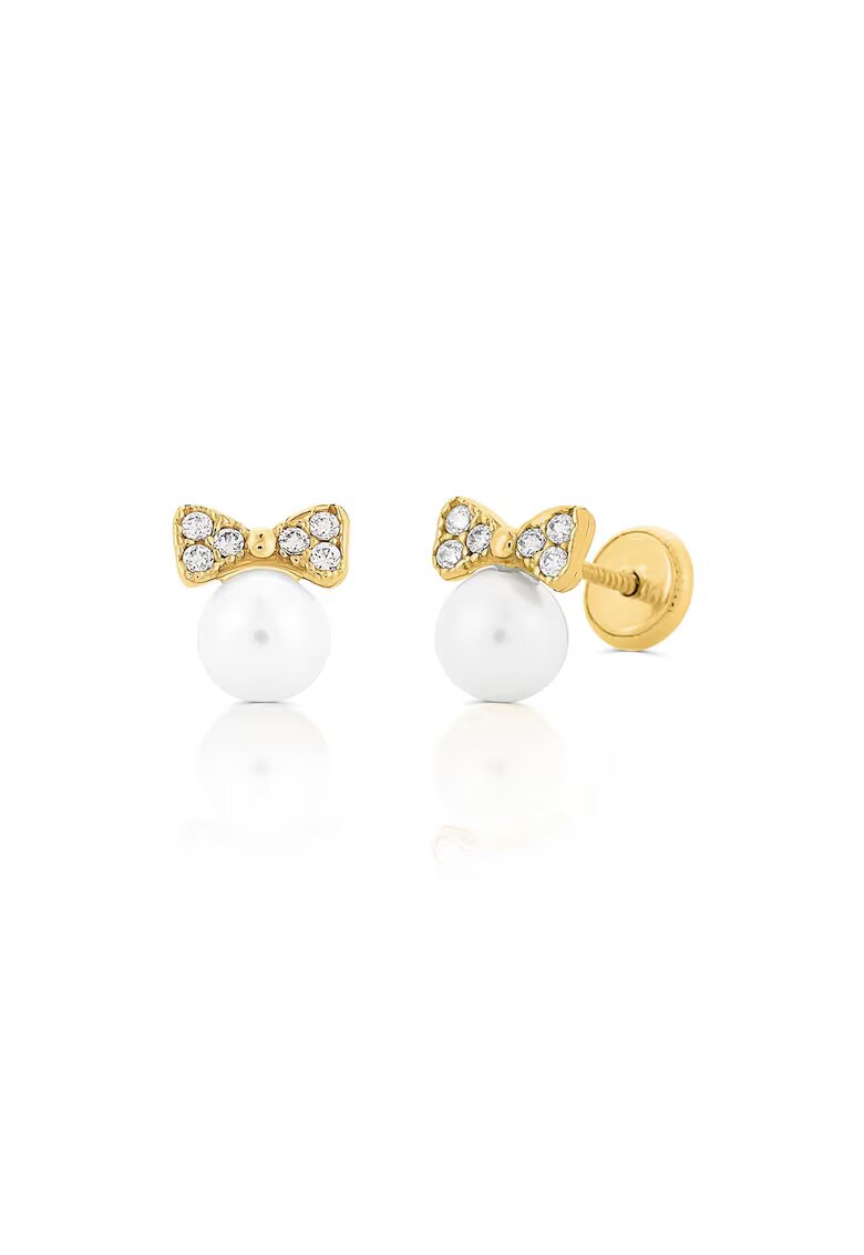 Bebe Gold Cercei Copii din Aur 14K - model Perla de Cultura 5mm si Funda cu Pietre CZ albe - inchidere cu Filet si Protectie