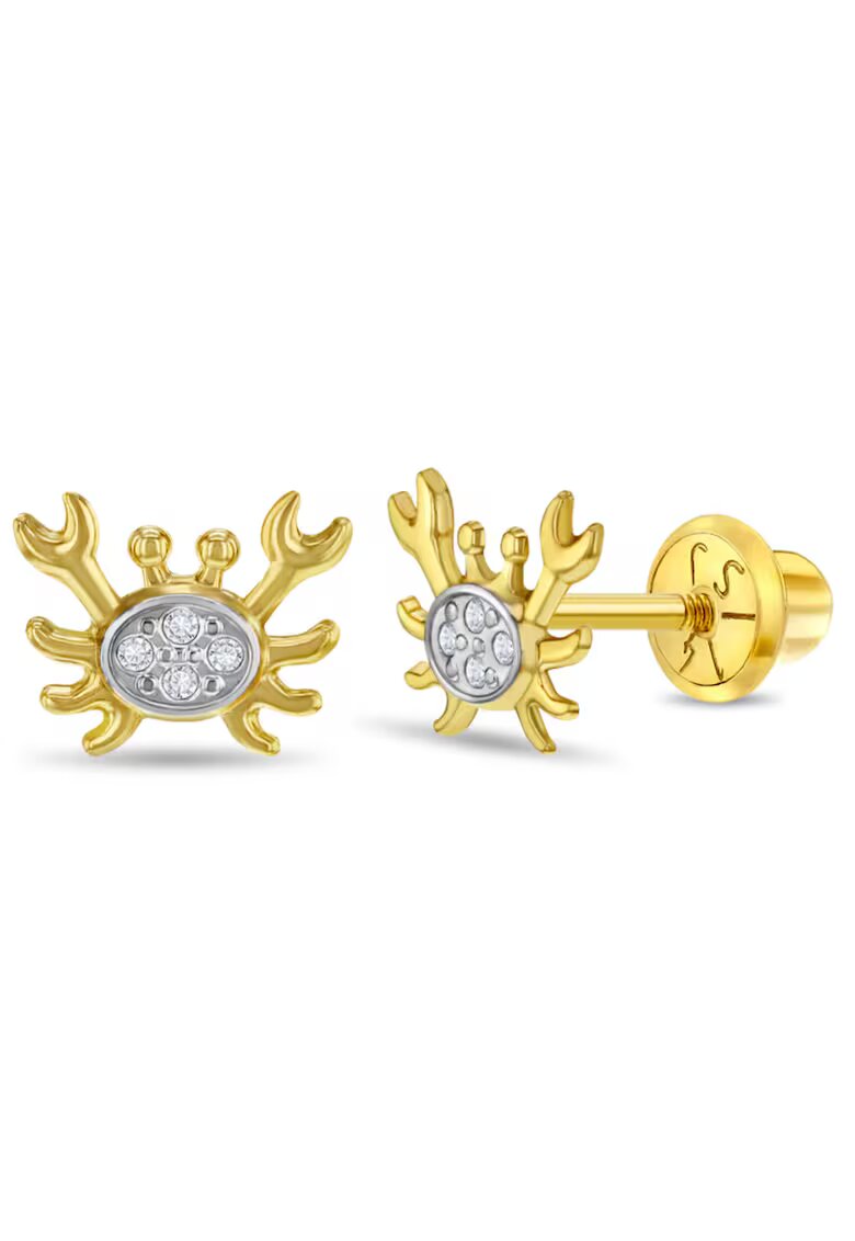 Bebe Gold Cercei din Aur 14K in doua culori pentru Bebelusi si Copii - model Crab Curios cu Pietre CZ clare - inchidere cu Filet si Protectie
