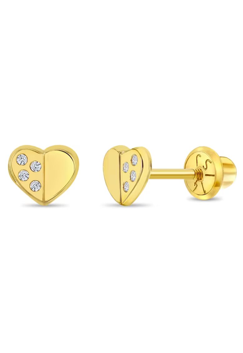 Bebe Gold Cercei din Aur 14K pentru Bebelusi si Copii - model Inimioara cu Pietre CZ - inchidere cu Filet si Protectie