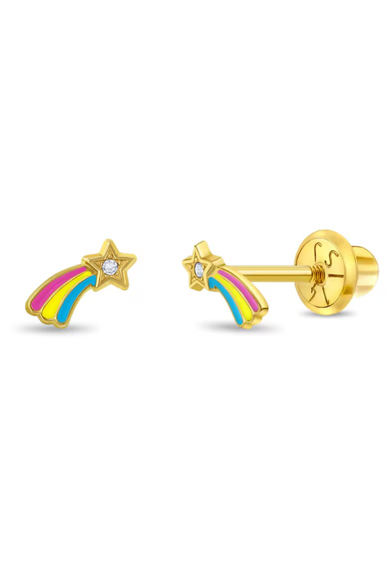 Bebe Gold Cercei din Aur 14K pentru Bebelusi si Copii - model Stea Cazatoare cu Email si Piatra CZ clara - inchidere cu Filet si Protectie