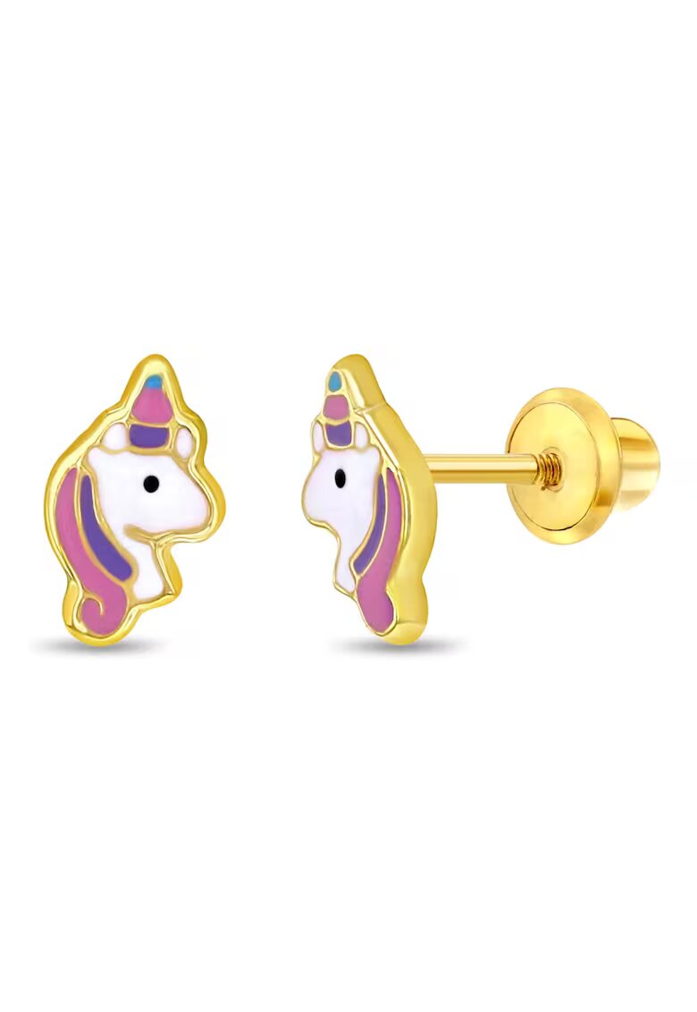 Bebe Gold Cercei din Aur 14K pentru Bebelusi si Copii - model Unicorni cu Email Pastel - inchidere cu Filet si Protectie