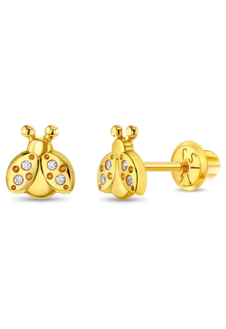 Bebe Gold Cercei din Aur 14K pentru Copii – Buburuza cu Pietre CZ - inchidere cu Filet si Protectie