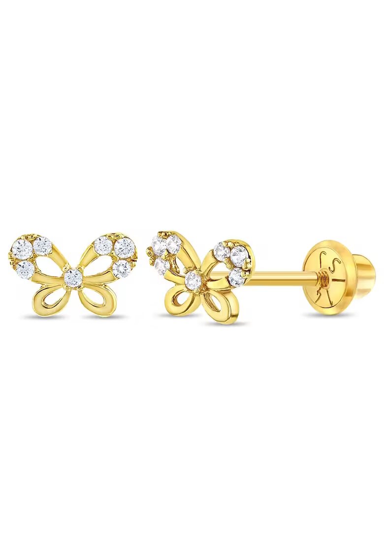 Bebe Gold Cercei din Aur 14K pentru Copii - in forma de Fluture cu Pietre CZ Albe - inchidere cu Filet si Protectie