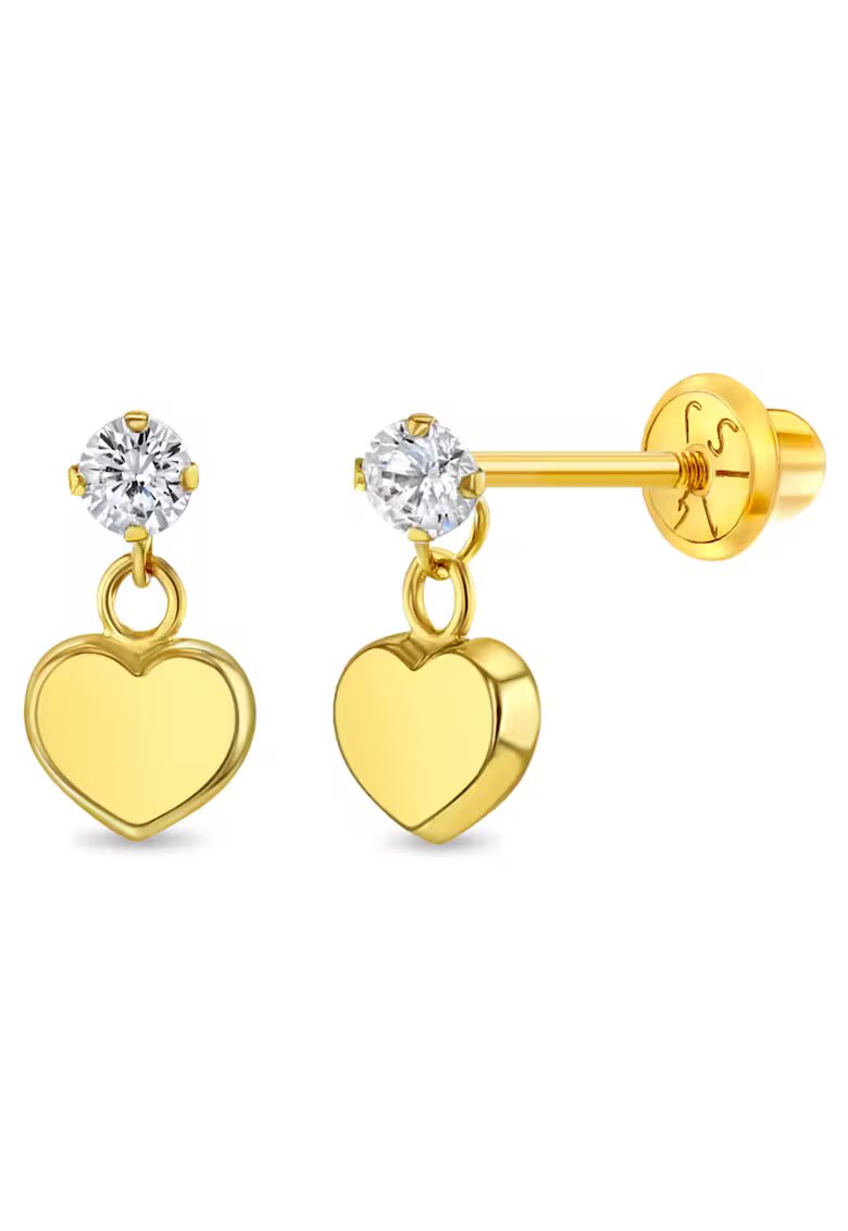 Bebe Gold Cercei din Aur 14K pentru Copii – Inimioara Dangle cu piatra CZ alba - inchidere cu Filet si Protectie