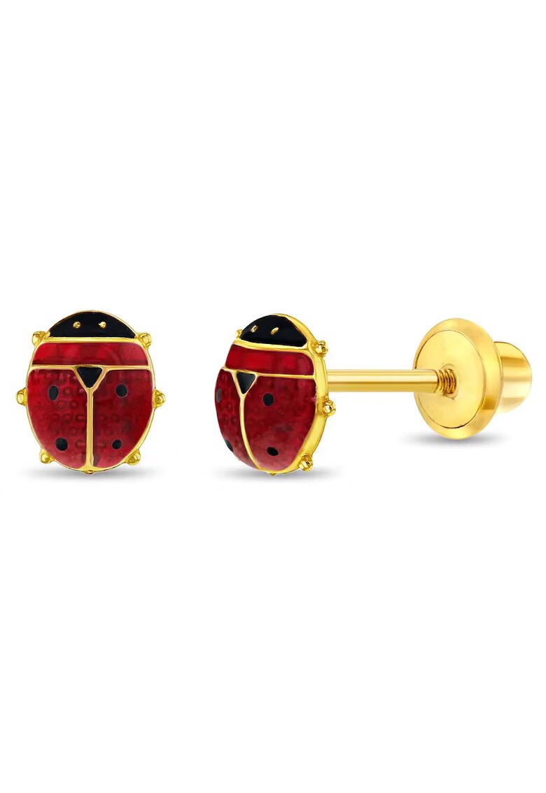 Bebe Gold Cercei din Aur 14K pentru Copii - model Buburuza cu Email Rosu si Negru - inchidere cu Filet si Protectie