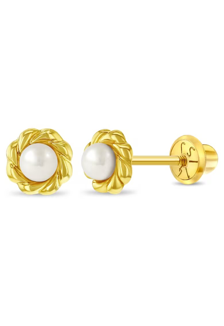 Bebe Gold Cercei din Aur 14K pentru Copii - model Clasic cu Perla de Cultura 3 mm in Montura Impletita - inchidere cu Filet si Protectie
