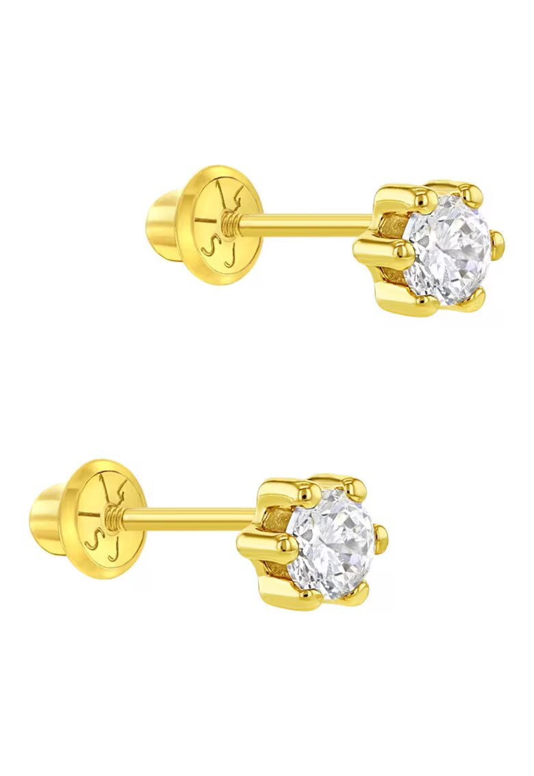Bebe Gold Cercei din Aur 14K pentru Copii - model Clasic cu Piatra CZ Transparenta 4 mm montata in 6 Gherute - inchidere cu Filet si Protectie
