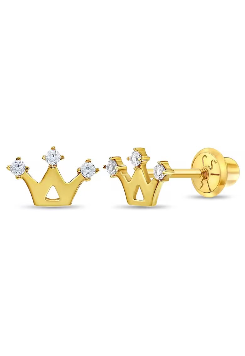 Bebe Gold Cercei din Aur 14K pentru Copii – model Coroana cu Pietre CZ - inchidere cu Filet si Protectie
