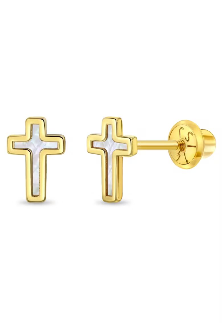 Bebe Gold Cercei din Aur 14K pentru Copii - model Cruciulita cu Sidef de Perla - inchidere cu Filet si Protectie