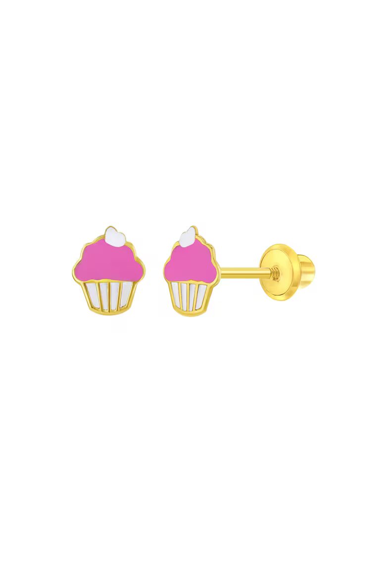 Bebe Gold Cercei din Aur 14K pentru Copii - model Cupcake cu Email Roz si Alb - inchidere cu Filet si Protectie