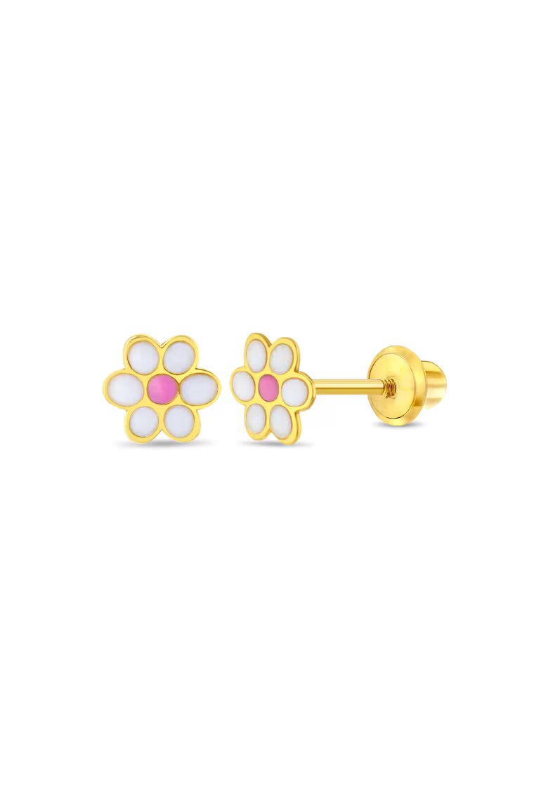 Bebe Gold Cercei din Aur 14K pentru Copii - model Daisy Floare cu Email Roz - inchidere cu Filet si Protectie