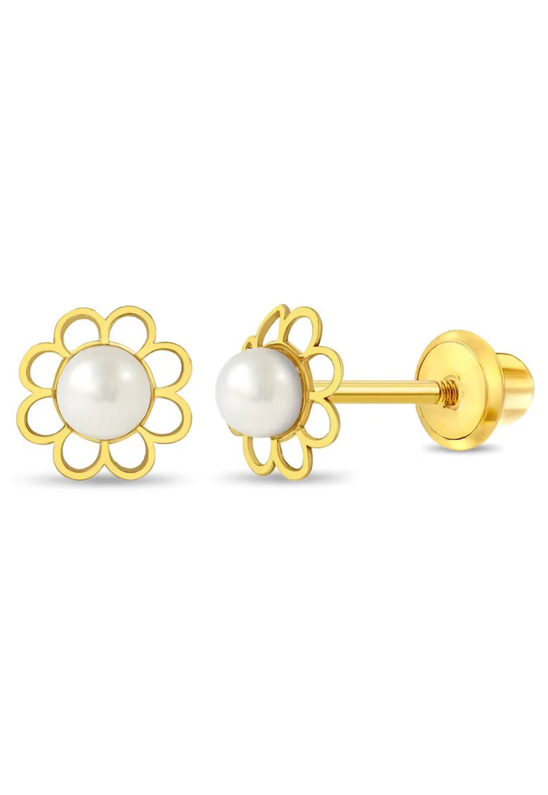 Bebe Gold Cercei din Aur 14K pentru Copii - model Floare cu Perla de Cultura - inchidere cu Filet si Protectie