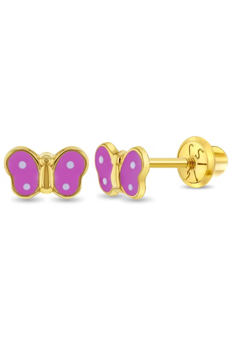 Bebe Gold Cercei din Aur 14K pentru Copii - model Fluturas cu Email Roz si Alb - inchidere cu Filet si Protectie