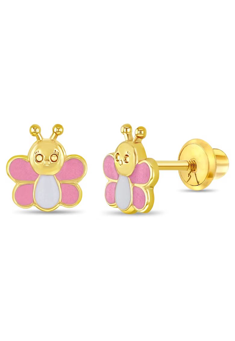 Bebe Gold Cercei din Aur 14K pentru Copii - model Fluturasi cu Email Roz si Alb - inchidere cu Filet si Protectie