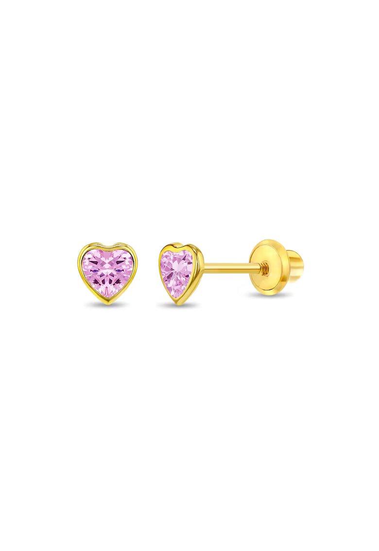 Bebe Gold Cercei din Aur 14K pentru Copii - model Heart Baby cu Piatra CZ Roz - inchidere cu Filet si Protectie