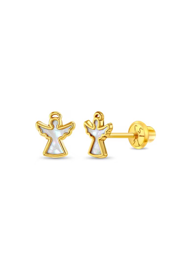Bebe Gold Cercei din Aur 14K pentru Copii - model Inger cu Inima din Sidef de Perla - inchidere cu Filet si Protectie