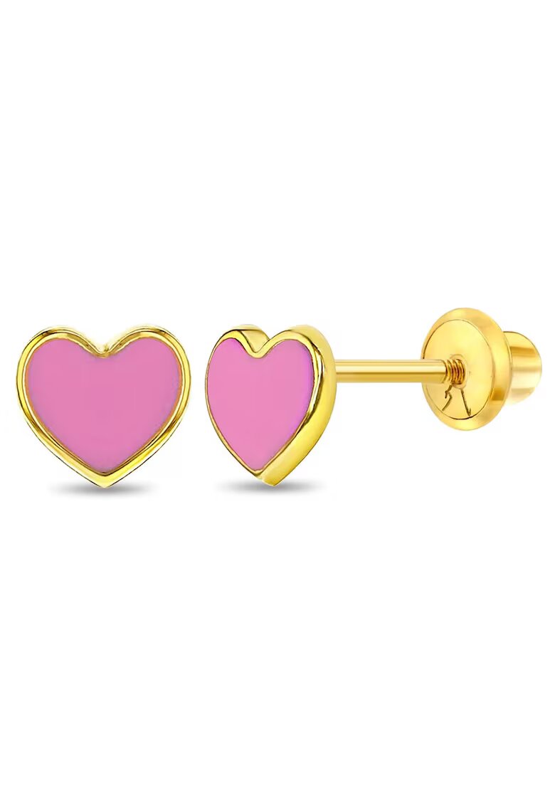 Bebe Gold Cercei din Aur 14K pentru Copii - model Inima cu Email Roz - inchidere cu Filet si Protectie