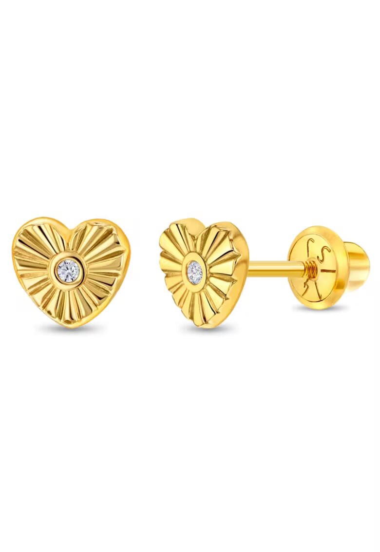 Bebe Gold Cercei din Aur 14K pentru Copii - model Inima cu Razele Soarelui si Piatra CZ Transparenta - inchidere cu Filet si Protectie