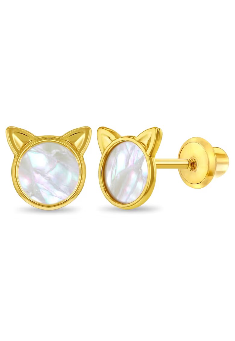 Bebe Gold Cercei din Aur 14K pentru Copii - model Pisicuta cu Sidef Mother of Pearl - inchidere cu Filet si Protectie