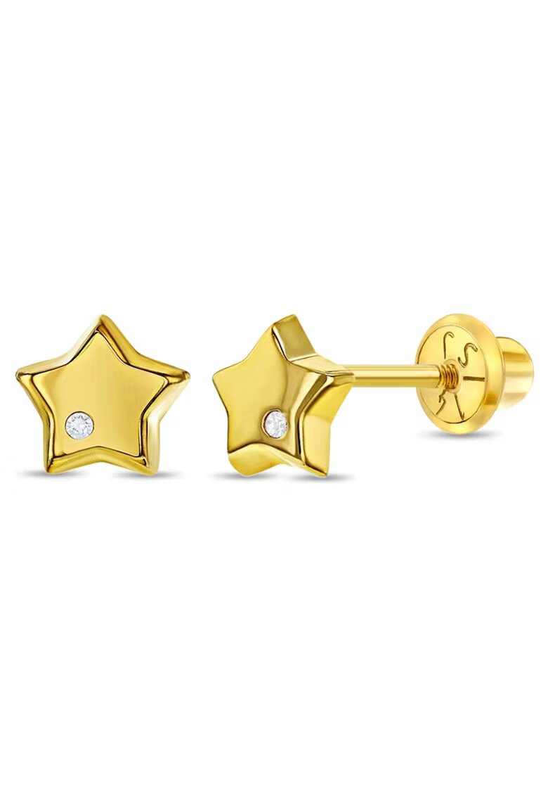 Bebe Gold Cercei din Aur 14K pentru Copii - model Stea cu Diamant - inchidere cu Filet si Protectie