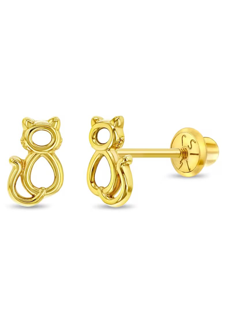 Bebe Gold Cercei din Aur 14K pentru Copii – Pisicuta Delicata - inchidere cu Filet si Protectie