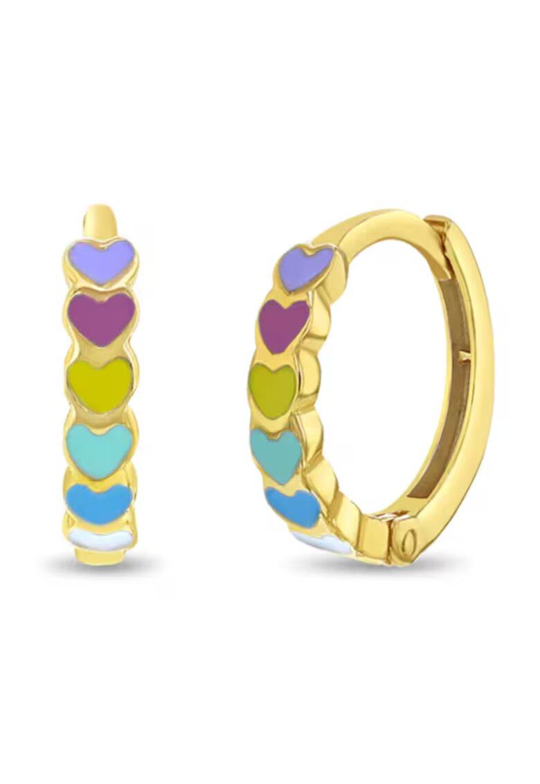 Bebe Gold Cercei din Aur 14K pentru Copii si Adolescente - model Cascada Inimioare cu Email Multicolor - inchidere tip Tortita