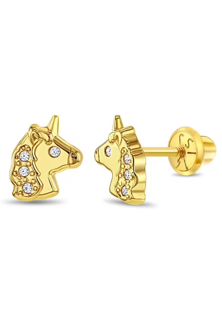 Bebe Gold Cercei din Aur 14K pentru Copii – Unicorn cu Pietre CZ - inchidere cu Filet si Protectie