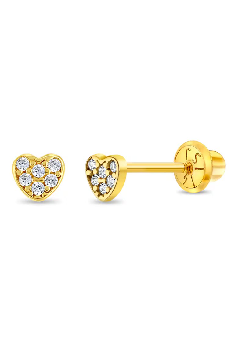 Bebe Gold Cercei din Aur 14K pentru Nou-Nascuti si Bebelusi - model Inimioara cu Pietre CZ clare - inchidere cu Filet si Protectie