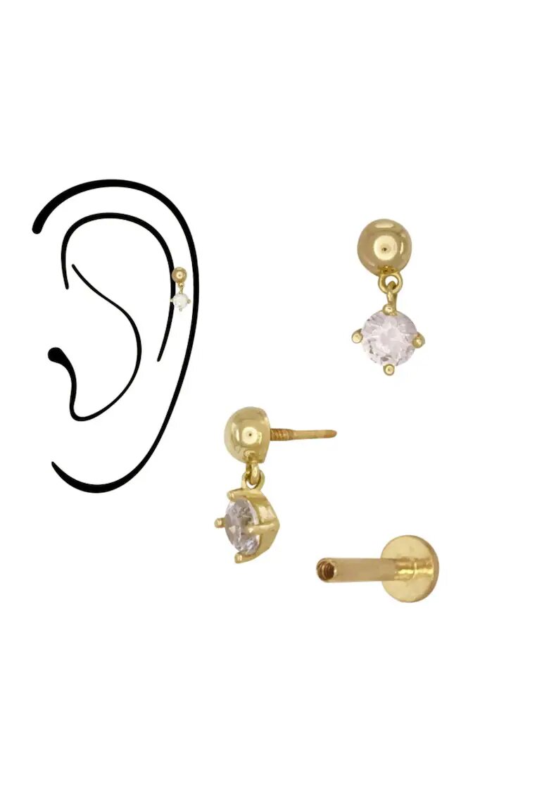 Bebe Gold Piercing din Aur 14K - model Bila Semisfera 3mm cu Charm Mobil CZ - Labret - Prindere Filet - Spate Plat