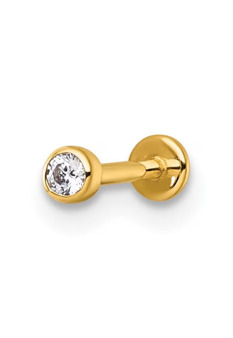 Bebe Gold Piercing Labret din Aur 14K - cu Piatra CZ alba de 2.5mm - Prindere Push-in si Spate Plat – Ideal pentru Upper Lobe