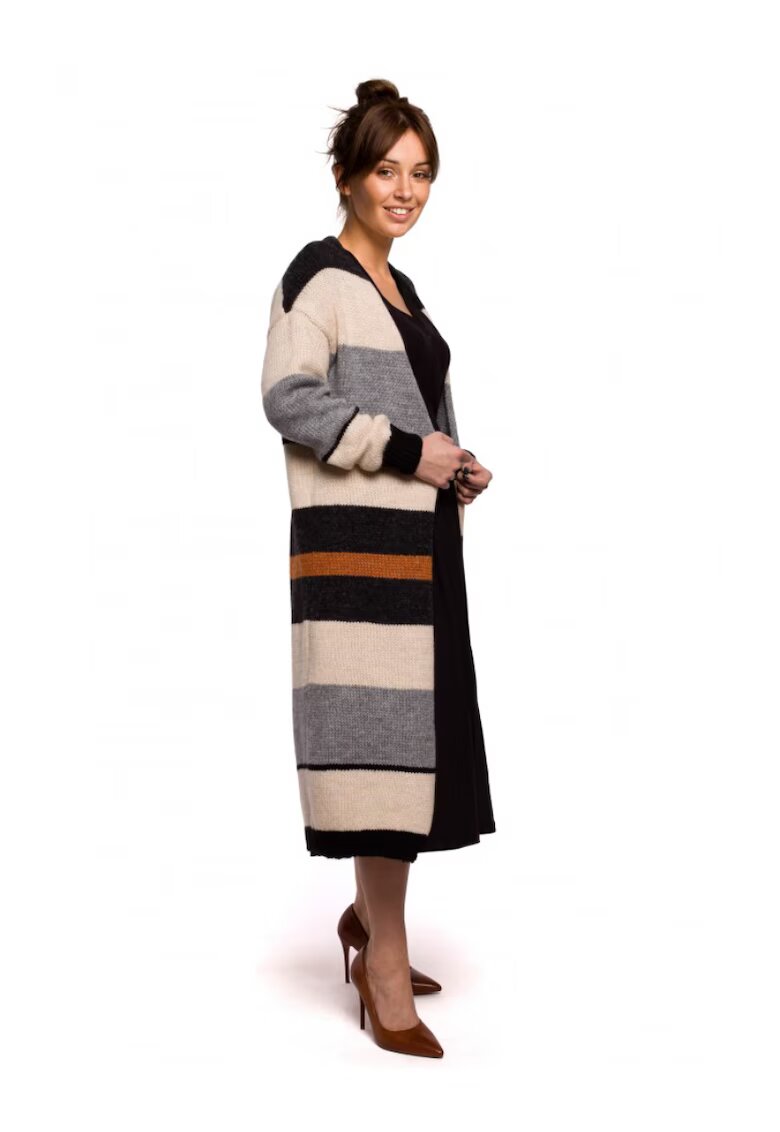 BeWear Cardigan cu dungi - Acril/Lana/Poliester - Negru/Bej/Gri