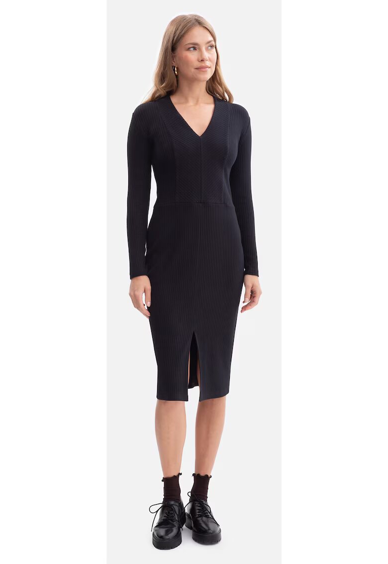 BeWear Rochie creion - B307 negru maneci lungi - decolteu in V - dantela - fara captuseala - lungime midi - Negru