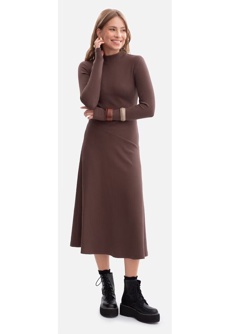 BeWear Rochie midi - B299 Maro cu dungi - top mulat - evazat la baza - maneci lungi cu orificii pentru degete - top cu guler inalt - fara inchizatoare