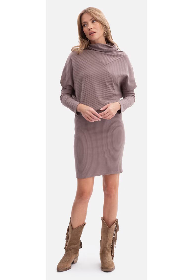 BeWear Rochie mini - B309 Cacao tricot - fara inchizatoare - top lejer - baza mulata - talie inalta - maneci lungi - cu guler - Cacao