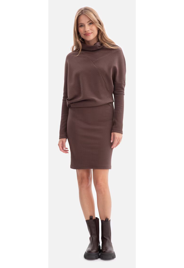 BeWear Rochie mini - B309 maro tricot - fara inchizatoare - top lejer - baza mulata - talie inalta - maneci lungi - cu guler - Maro