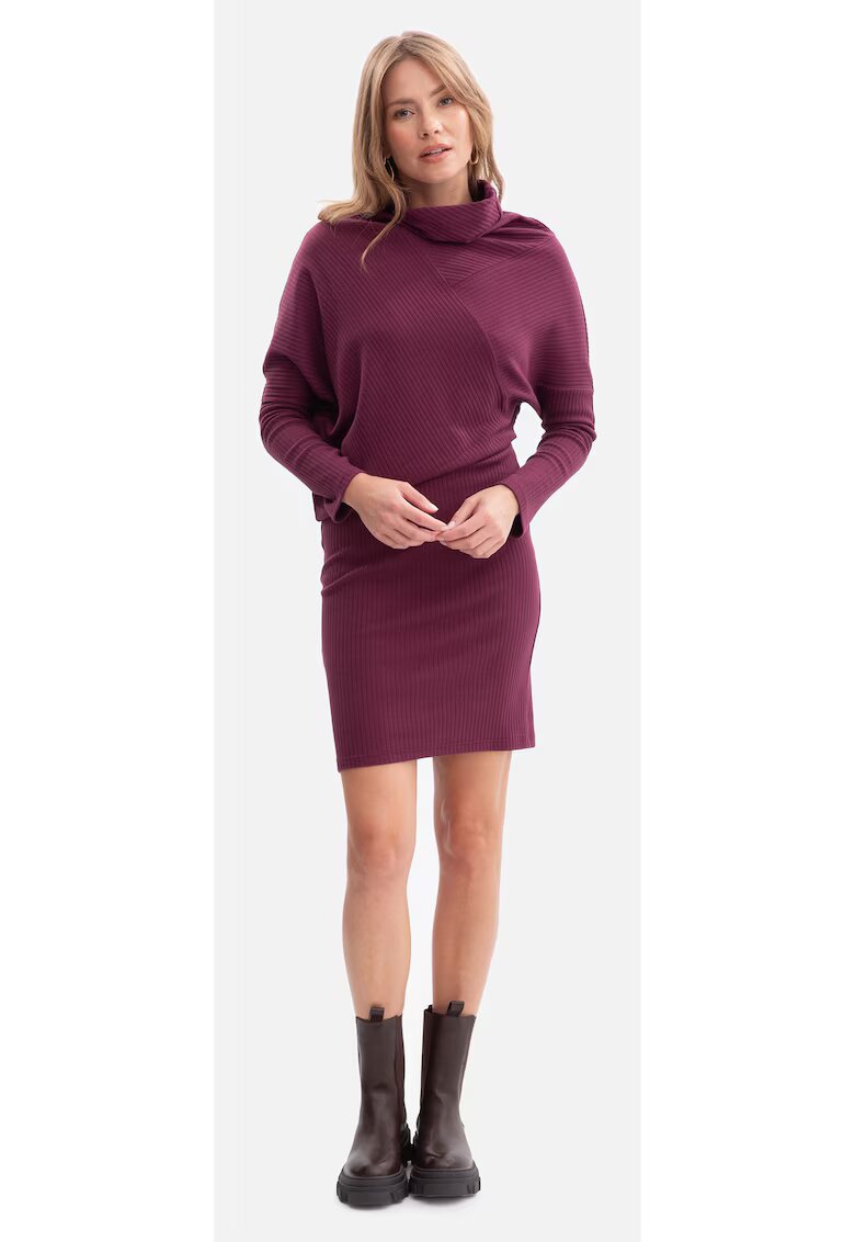 BeWear Rochie mini - B309 Pruna tricot - fara inchizatoare - top lejer - baza mulata - talie inalta - maneci lungi - cu guler - Pruna